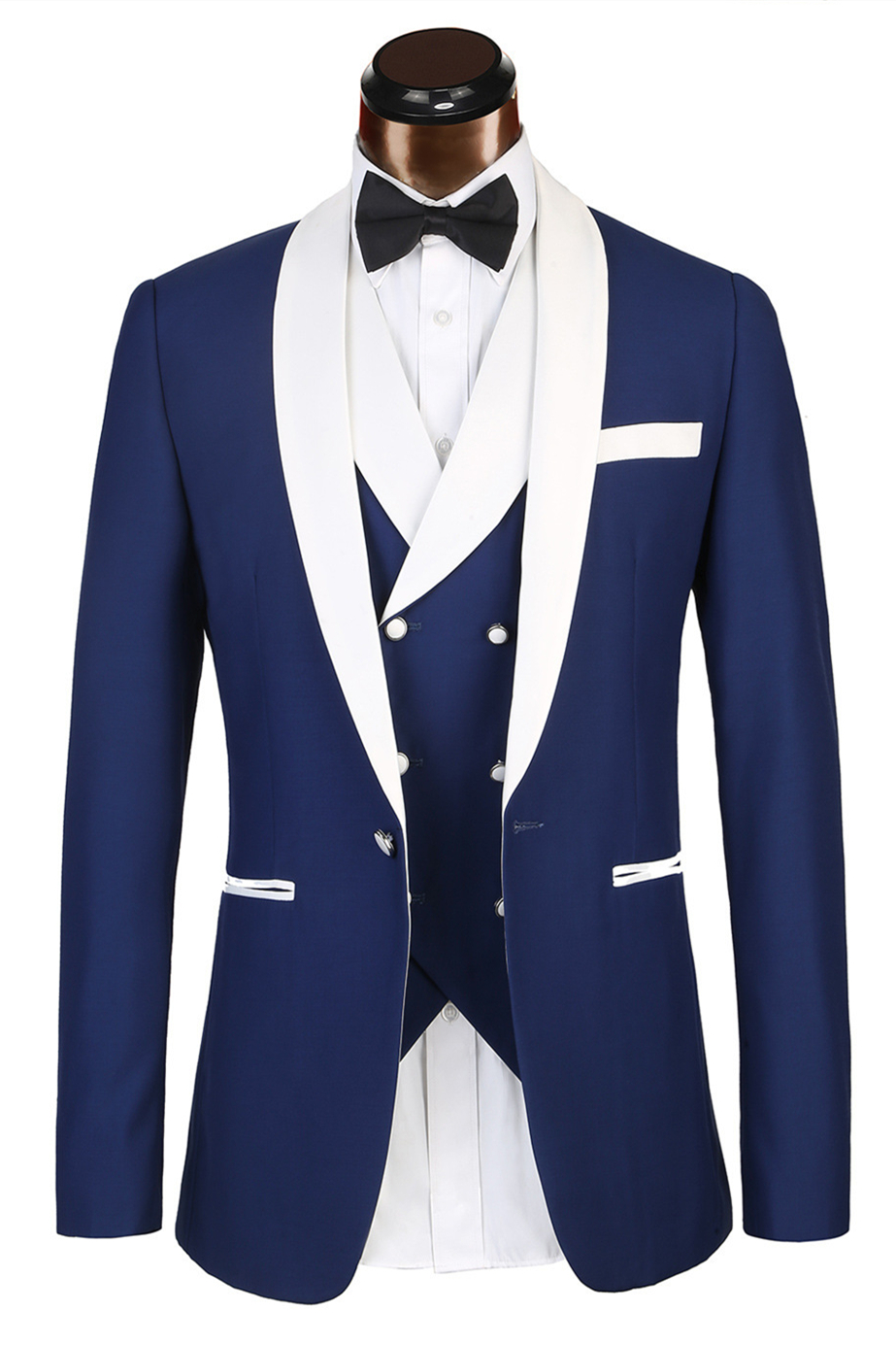 Elegant Three-Piece Banding Blue Men's Suit for Wedding with White Lapel Edge