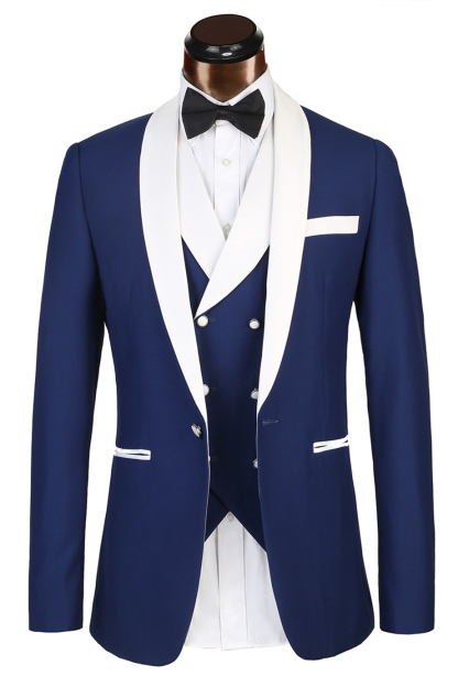 Elegant Three-Piece Banding Blue Men's Suit for Wedding with White Lapel Edge