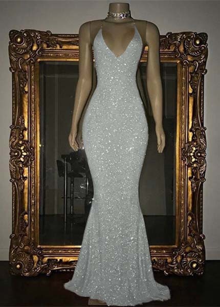 V-Neck Mermaid Elegant Halter Evening Dress With Sequins