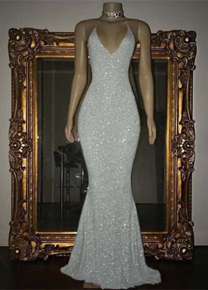 V-Neck Mermaid Elegant Halter Evening Dress With Sequins