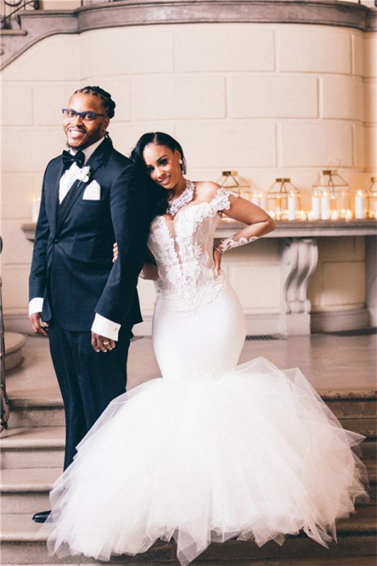 Chic Mermaid Long Sleeves Tulle Wedding Dress Off-the-Shoulder with Appliques