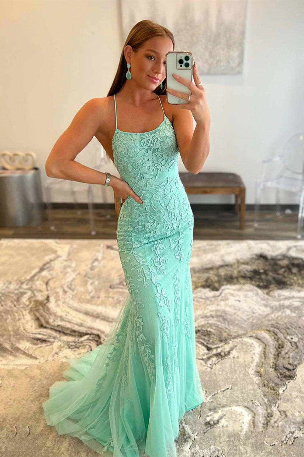 Long Blue Prom Dress with Mermaid Spaghetti Straps and Backless Design