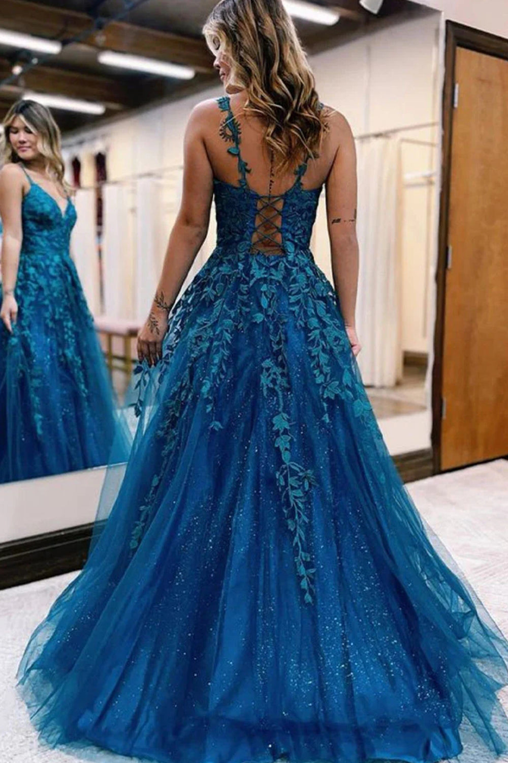 Long Blue Glitter A-Line Prom Dress with Lace
