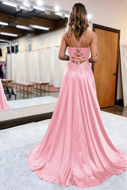 Prom Dress in Dark Green Satin with A-Line Silhouette and Appliques Featuring a Slit