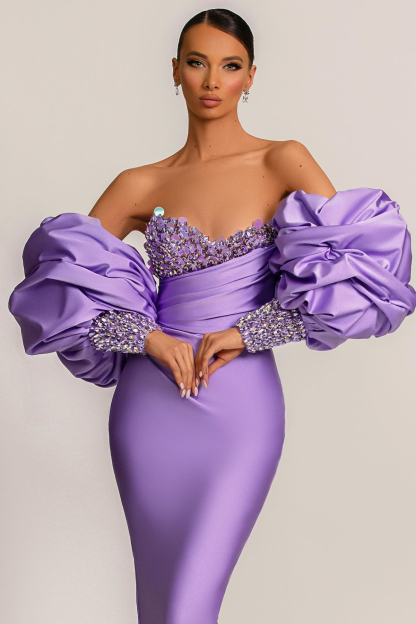 Charming Purple Strapless Mermaid Long Formal Dress With Appliques Puff Sleeves
