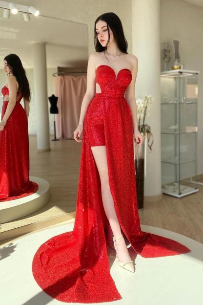 Sequins Strapless Sweetheart Sleeveless Long Formal Dress With Split