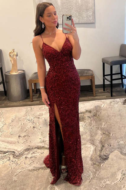 Long Dark Red Sequined Prom Dress with Front Split and Spaghetti Strap Sheath