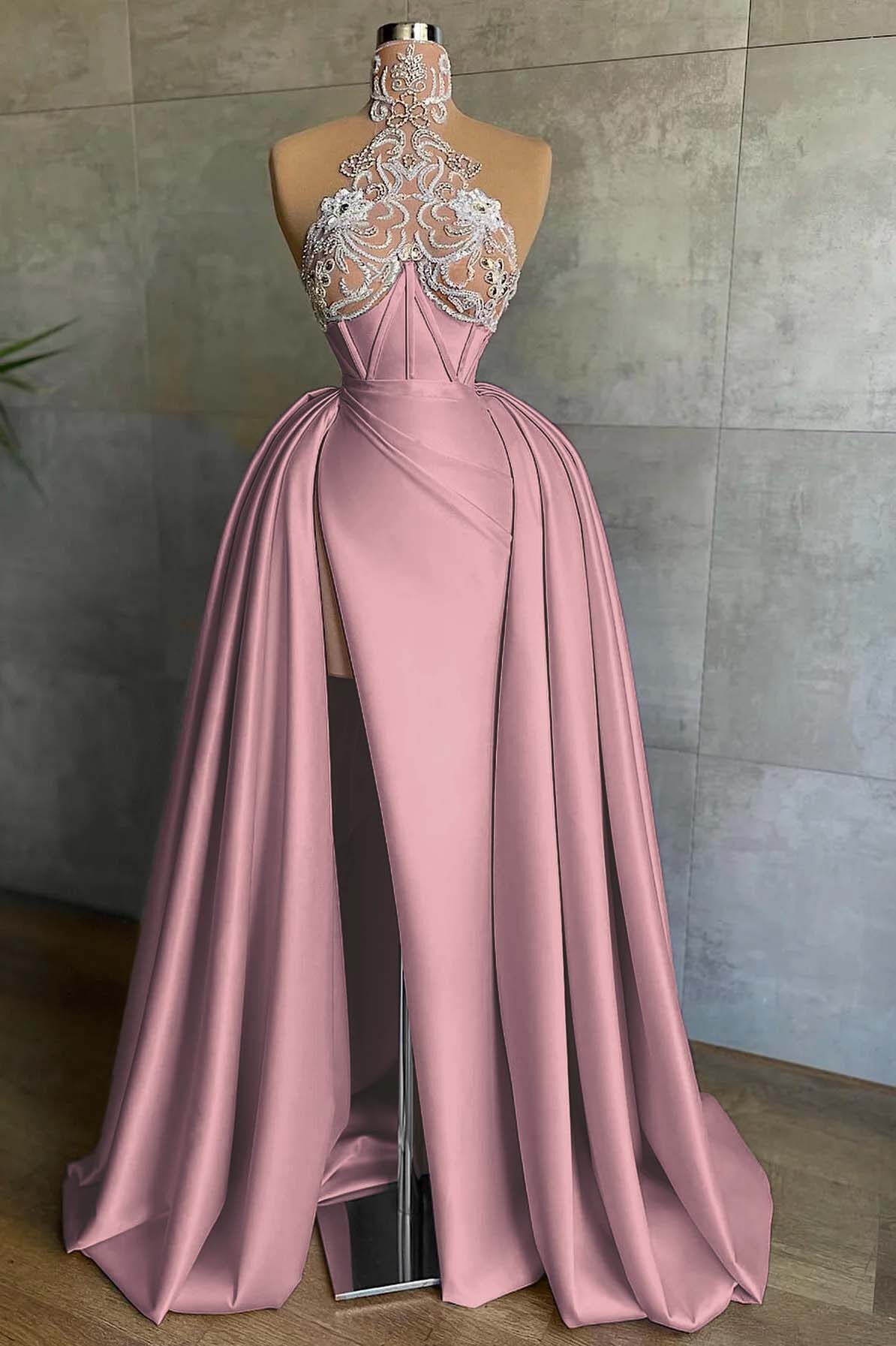 Halter Sleeveless Mermaid Split Long Formal Dress With Appliques