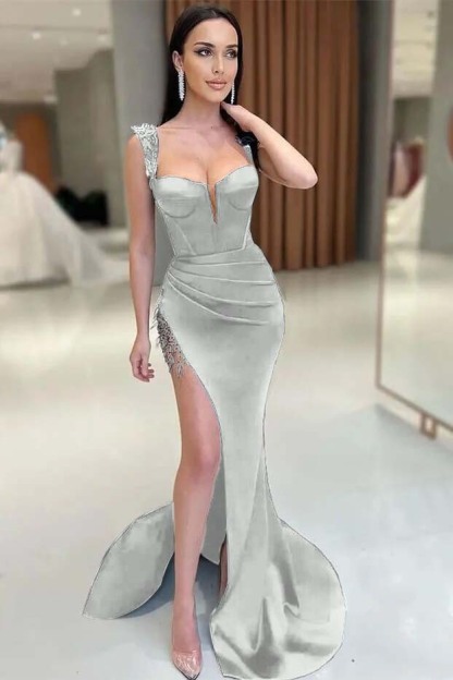 Gorgeous V-Neck Split Mermaid Sleeveless Prom Dress with Beadings