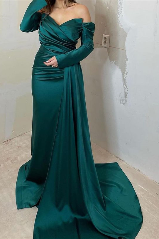 Off-The-Shoulder Sweetheart Mermaid Long Sleeves Front Split Evening Dress With Ruffle