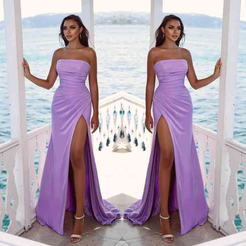 Strapless Slit Purple Long Mermaid Evening Dress With Chic Pleats