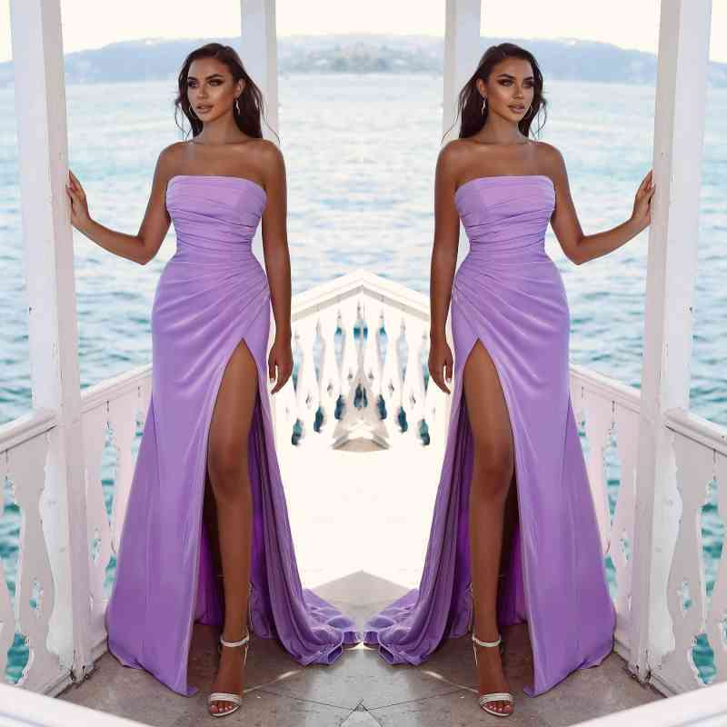 Strapless Slit Purple Long Mermaid Evening Dress With Chic Pleats