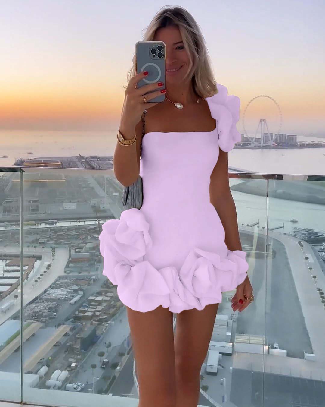 Ivory One-Shoulder Bloom Short Mini cocktail Dress