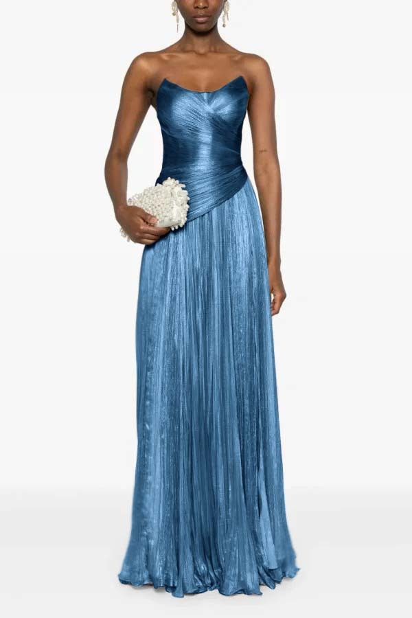 Chic Strapless Sleeveless Long Formal Dress With Ruffles Pleated