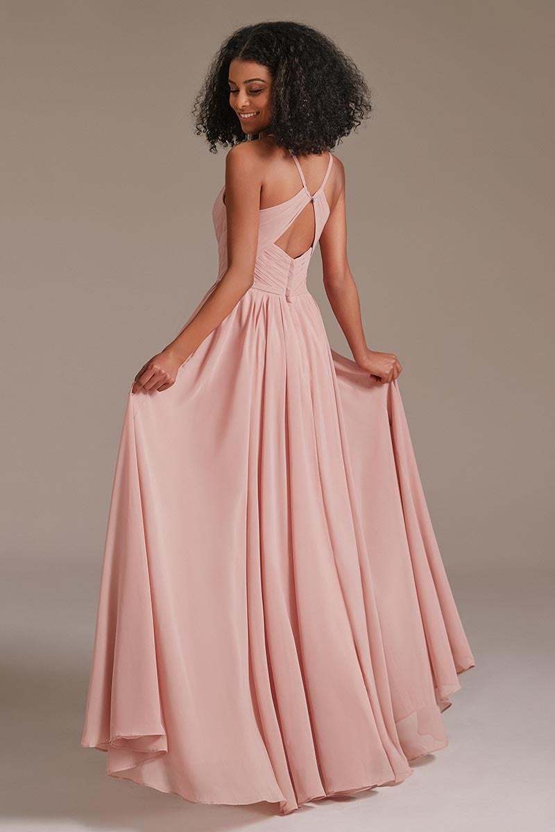 Chiffon Spaghetti-Straps Pleated Pink Bridesmaid Dress