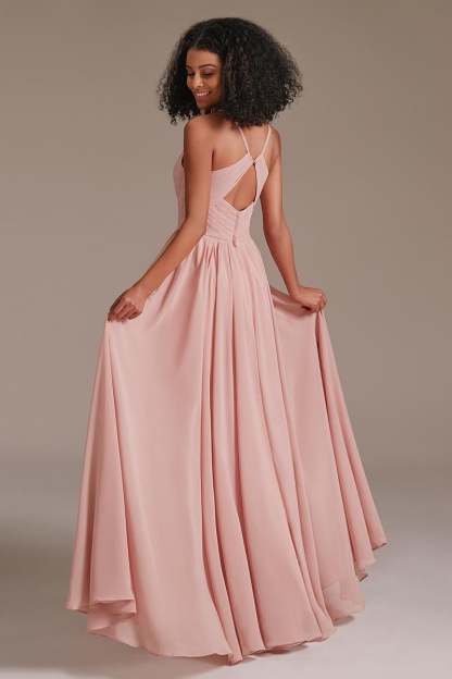 Chiffon Spaghetti-Straps Pleated Pink Bridesmaid Dress