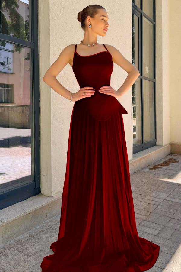 Spaghetti Strap Sleeveless Long Formal Dress With Pleated Sequins