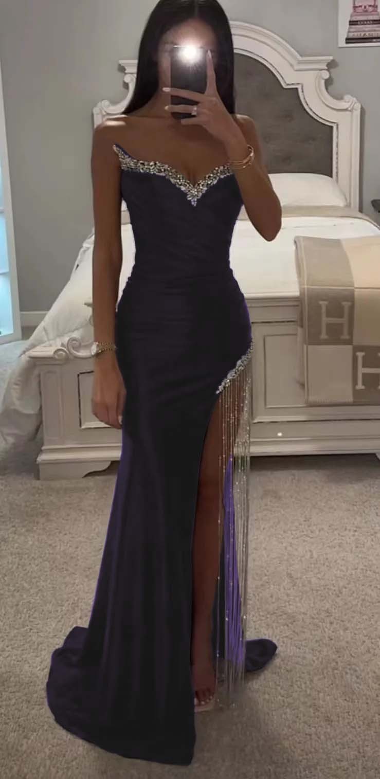 Strapless Sleeveless Long Mermaid Formal Dress With Split Tassel Beading
