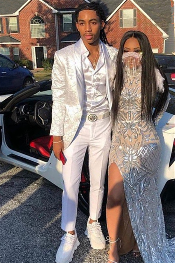 New Arrival White Jacquard Business Prom Suit for Guy with Shawl Lapel