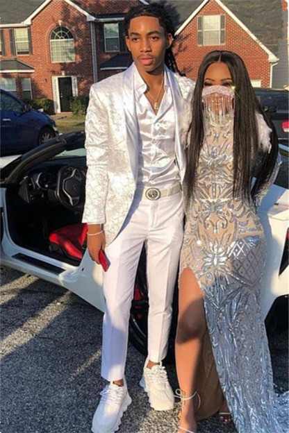 New Arrival White Jacquard Business Prom Suit for Guy with Shawl Lapel