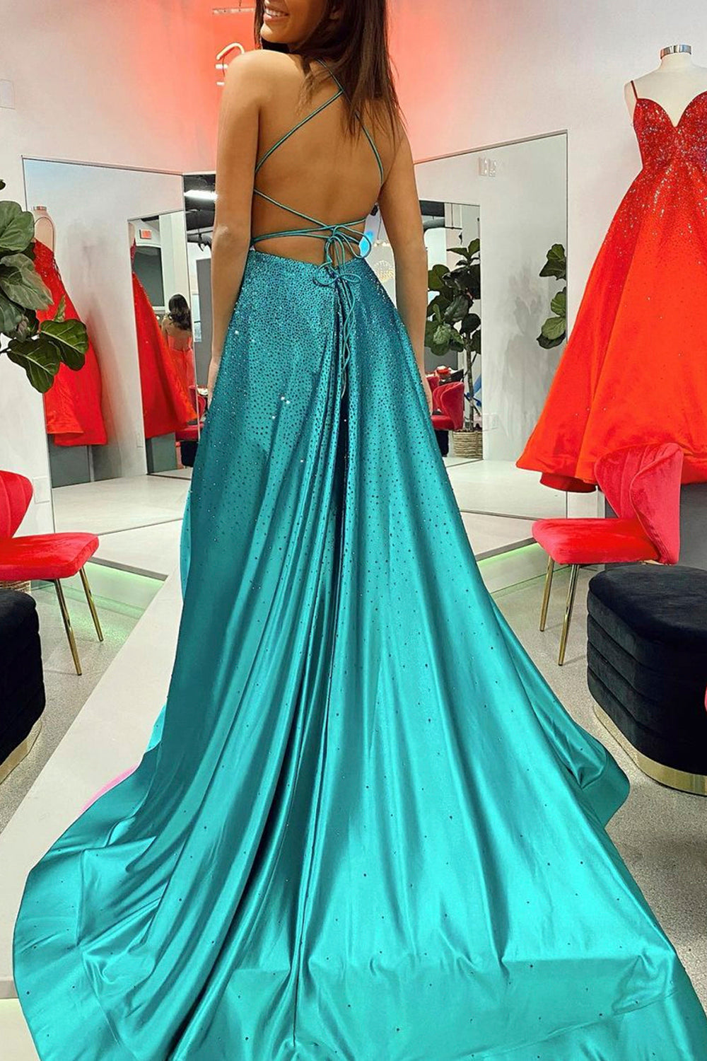 Glittery Green Prom Dress with A-line Cut and Slit