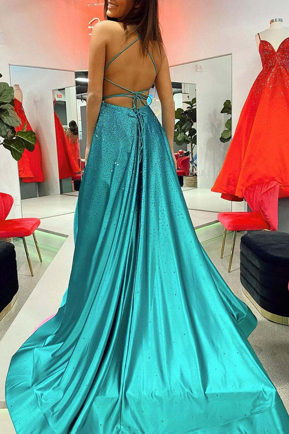 Glittery Green Prom Dress with A-line Cut and Slit