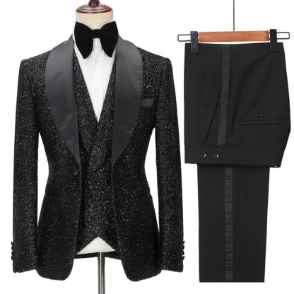 Gorgeous Sparkly Black Three-Piece Shawl Lapel Bespoke Wedding Suit for Men