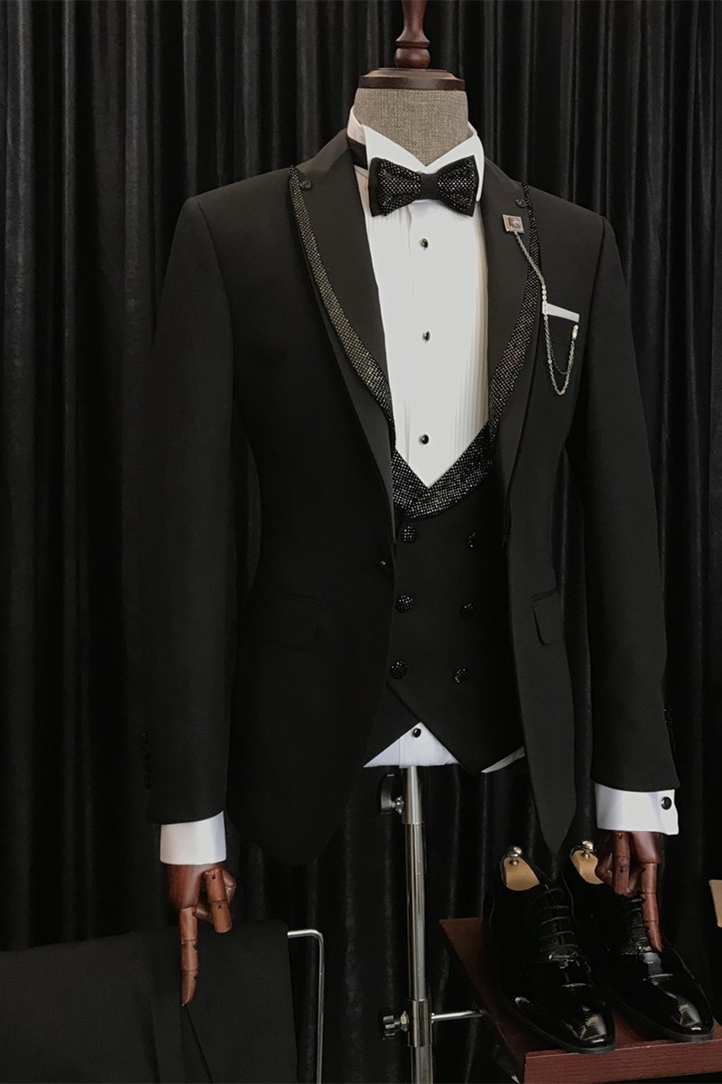 Benjamin Special Design with Sparkle Black Peaked Lapel Black Wedding Suits