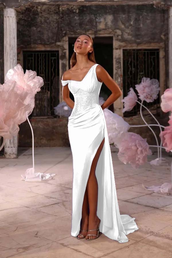 Sleeveless One Shoulder Long Split Formal Dress With Pleated Sequin