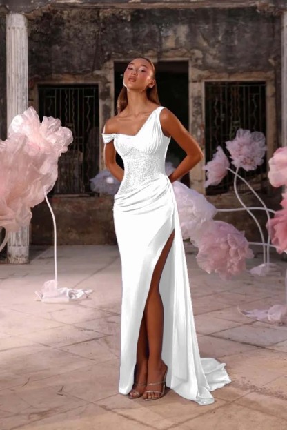 Sleeveless One Shoulder Long Split Formal Dress With Pleated Sequin