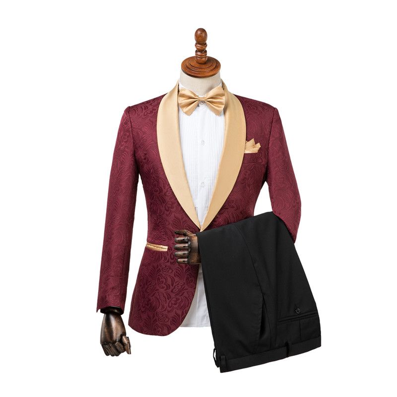 Gentle Burgundy Jacquard Men's Wedding Suit with Shawl Lapel
