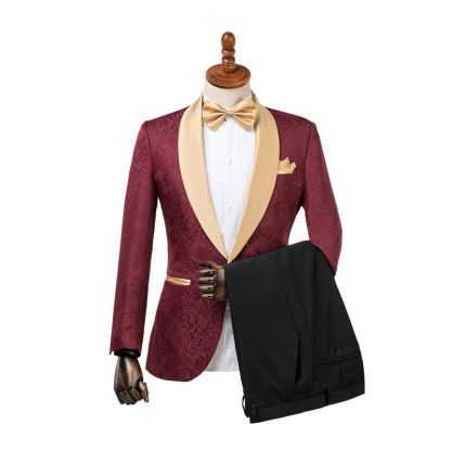 Gentle Burgundy Jacquard Men's Wedding Suit with Shawl Lapel