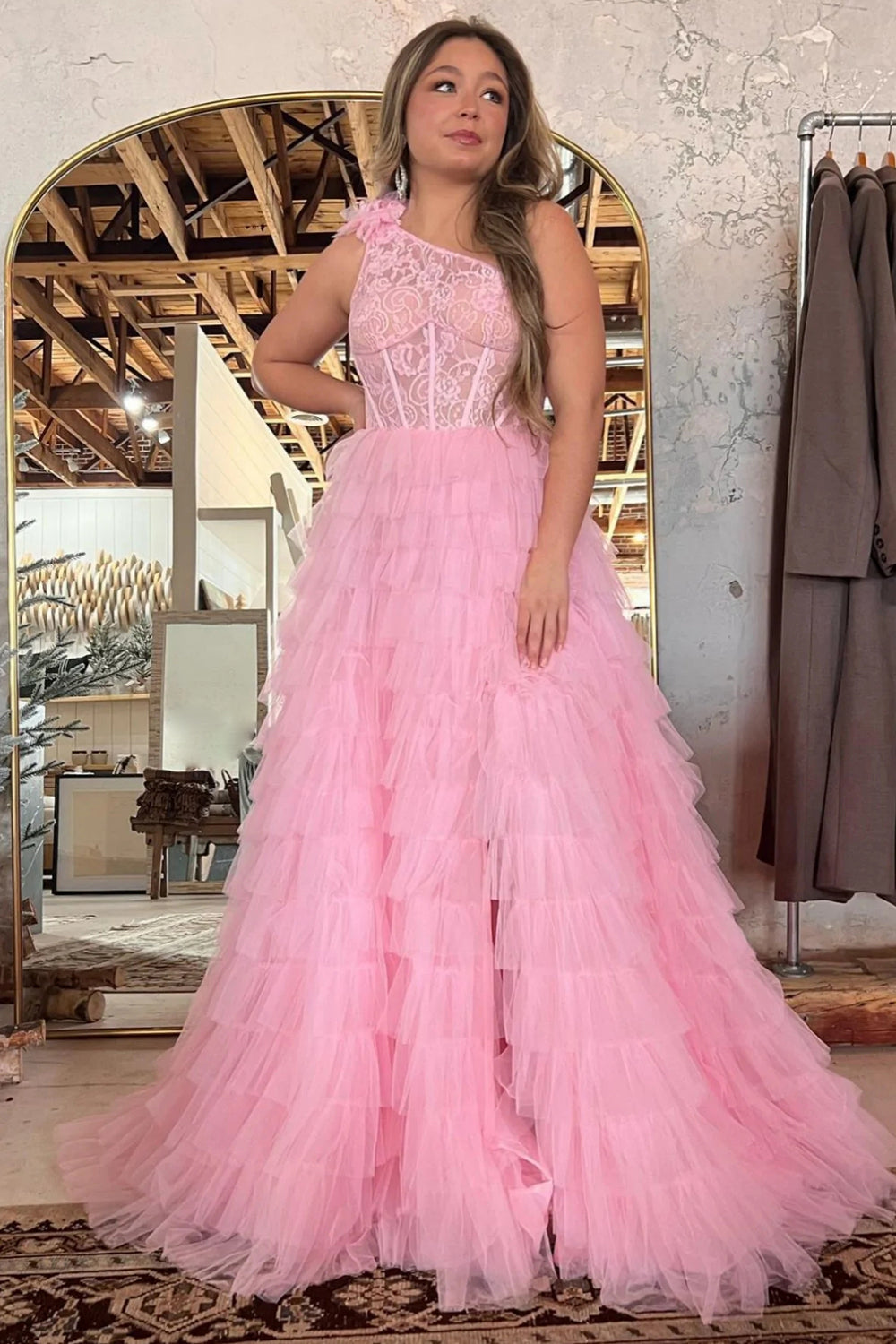 Red One Shoulder A-Line Corset Prom Dress with Tiered Ruffles