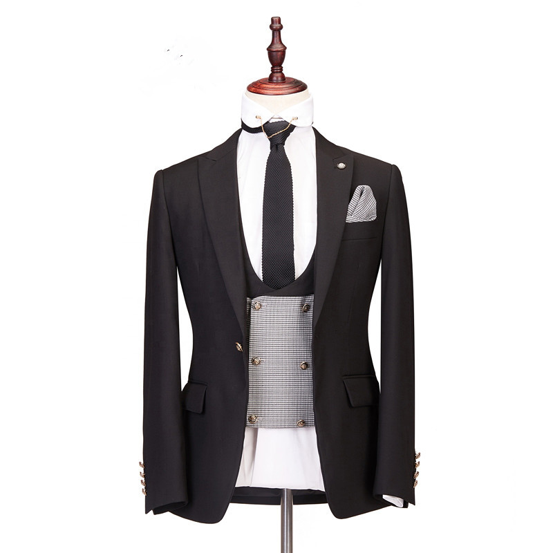 Gentle Best-Fitted Three-Piece Black Peaked Lapel Men's Suits for Wedding