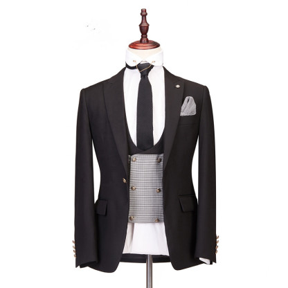 Gentle Best-Fitted Three-Piece Black Peaked Lapel Men's Suits for Wedding