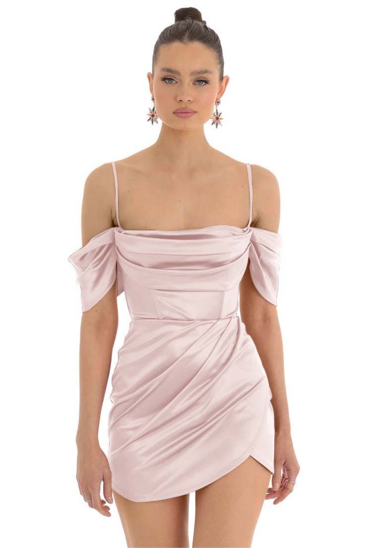 Pretty Fuchsia Spaghetti-Straps Pleats Off-The-Shoulder Short Mini Homecoming Dress