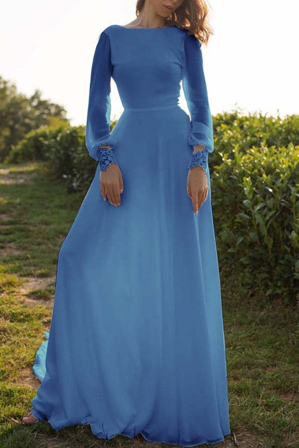 Tulle Bateau Long Sleeves Boho Wedding Dress A-Line Open Back