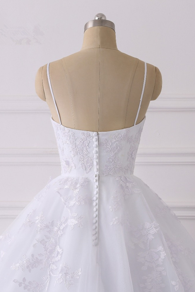 Vintage Spaghetti-Straps Tulle V-Neck Wedding Dress with Appliques Lace