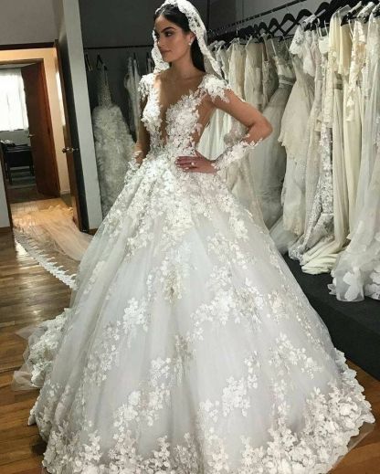 Modest Backless Floor-Length Princess Bateau Long Sleeves Wedding Dress Appliques Lace Ruffles