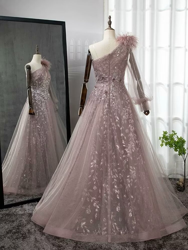 Shinning Blushing Pink One Shoulder Appliques Embroidery Formal Dress
