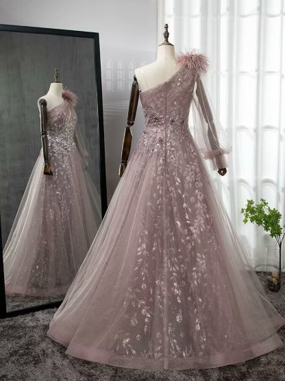 Shinning Blushing Pink One Shoulder Appliques Embroidery Formal Dress