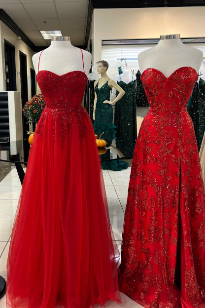 Elegant Dark Red A-Line Prom Dress with Spaghetti Straps and Appliques
