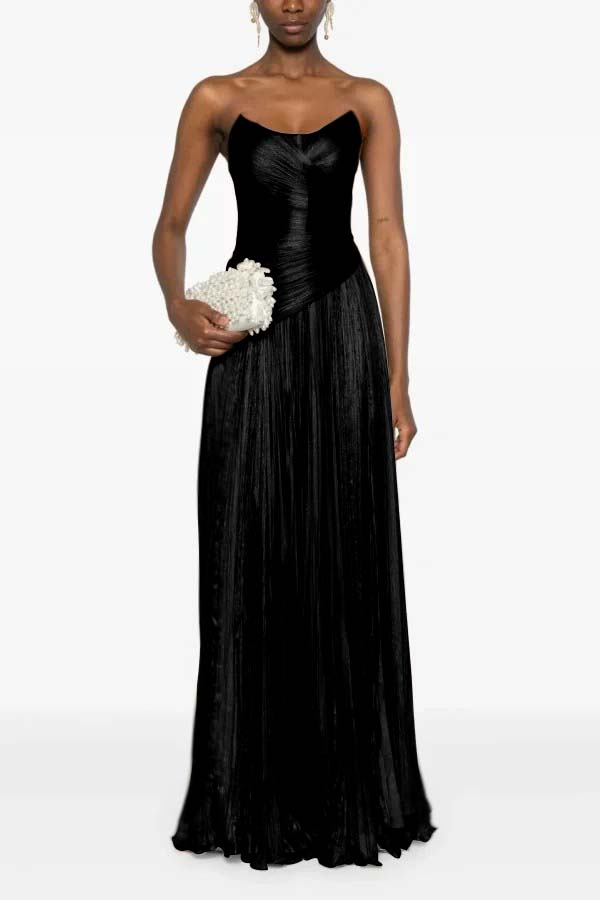 Chic Strapless Sleeveless Long Formal Dress With Ruffles Pleated