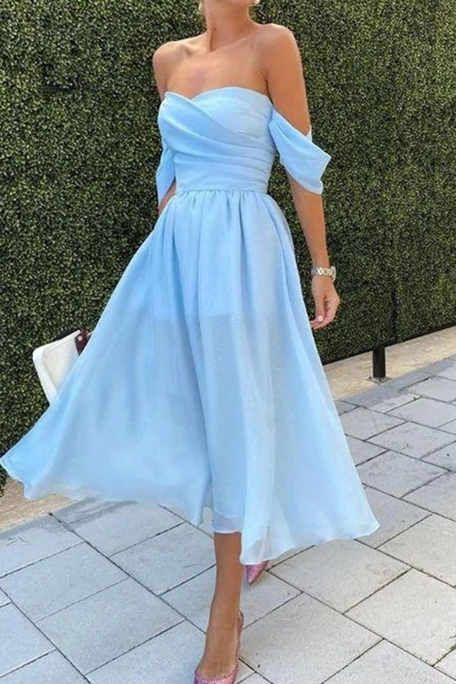 Baby Blue Short Evening Dress With Strapless Off-The-Shoulder