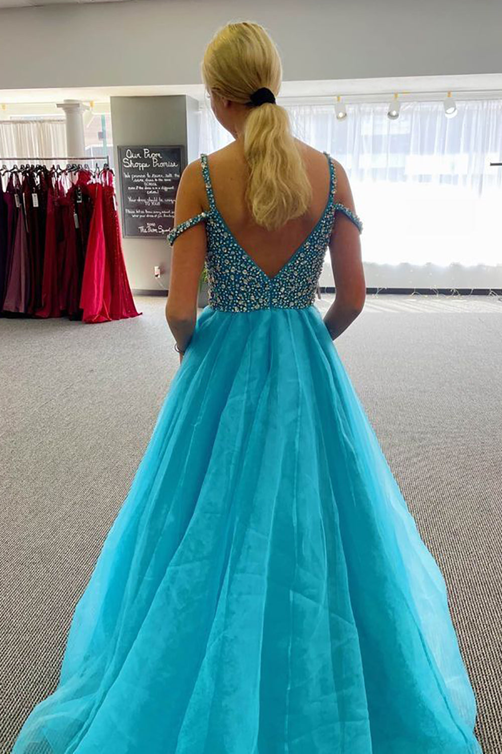 Long Cold Shoulder Prom Dress in Sparkly Blue with Beading A-Line Style
