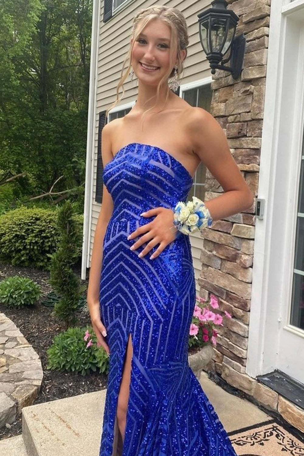 Long Strapless Prom Dress with Sky Blue Sequins