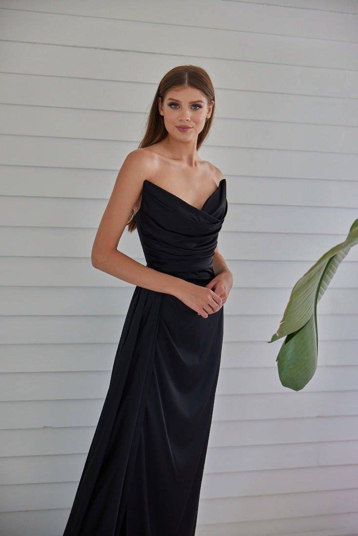 Fashionable Satin Maxi Strapless Wedding Guest or Prom Dress