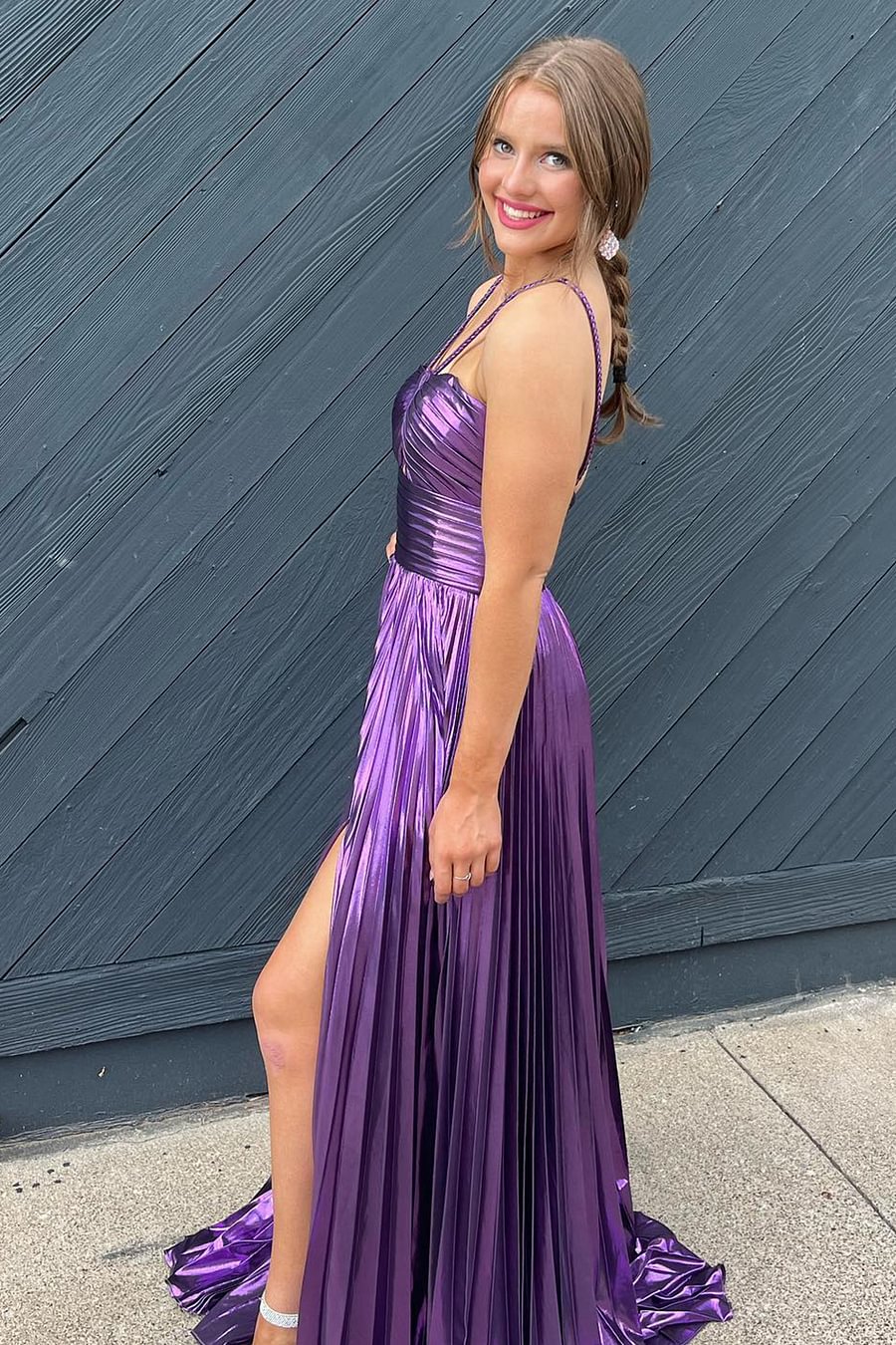 Long Halter Prom Dress in Metallic Fuchsia with Keyhole Slit and A-Line Silhouette
