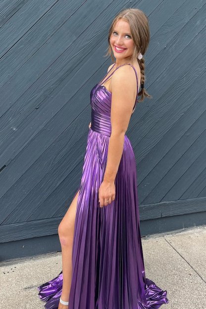 Long Halter Prom Dress in Metallic Fuchsia with Keyhole Slit and A-Line Silhouette