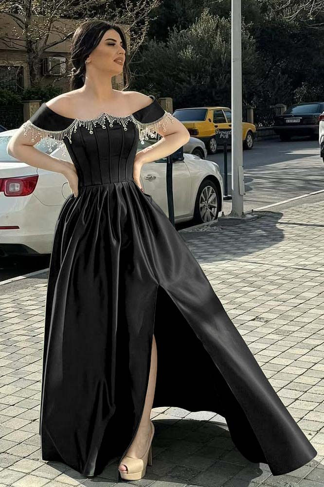 Off the Shoulder Sleeveless Long Split Formal Dress With Pleated Beading
